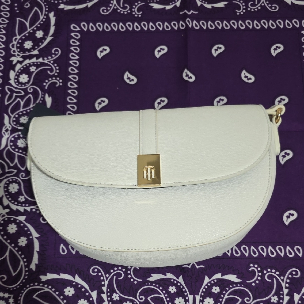 Tommy Hilfiger Cream Half-Moon Crossbody Bag with Gold Hardware